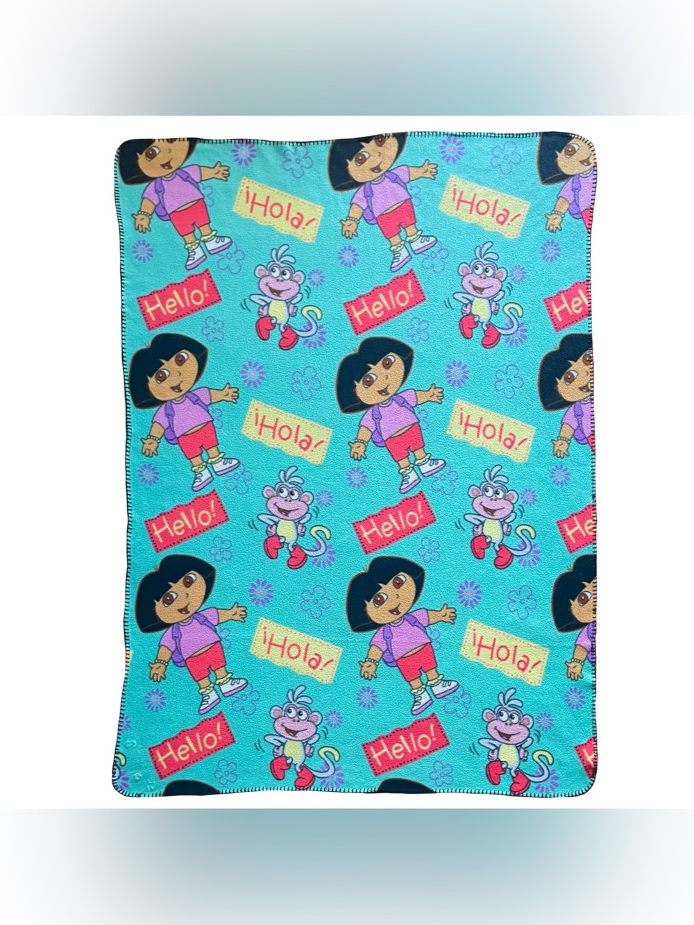 RARE VTG Dora The Explorer Teal "Hola!" Floral Fleece Blanket Crib Nursery 2003